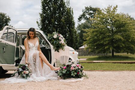 Bride in Vintage Fiat 500 at Silchester Farm