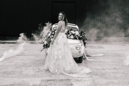 Bride in Savin Wedding Dress at Silchester Farm