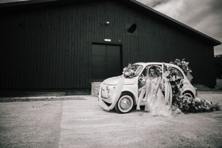 Bride in Vintage Fiat 500 at Silchester Farm